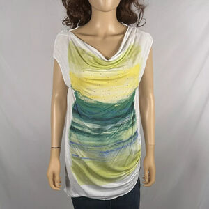 Calvin Klein White Green Studded Short Sleeve Blouse Top Shirt Medium Casual